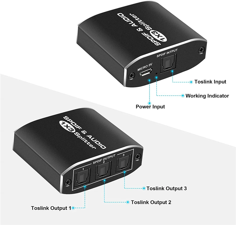 Digital SPDIF Optical Audio Splitter Aluminum Alloy Toslink Splitter Adapter 1x3