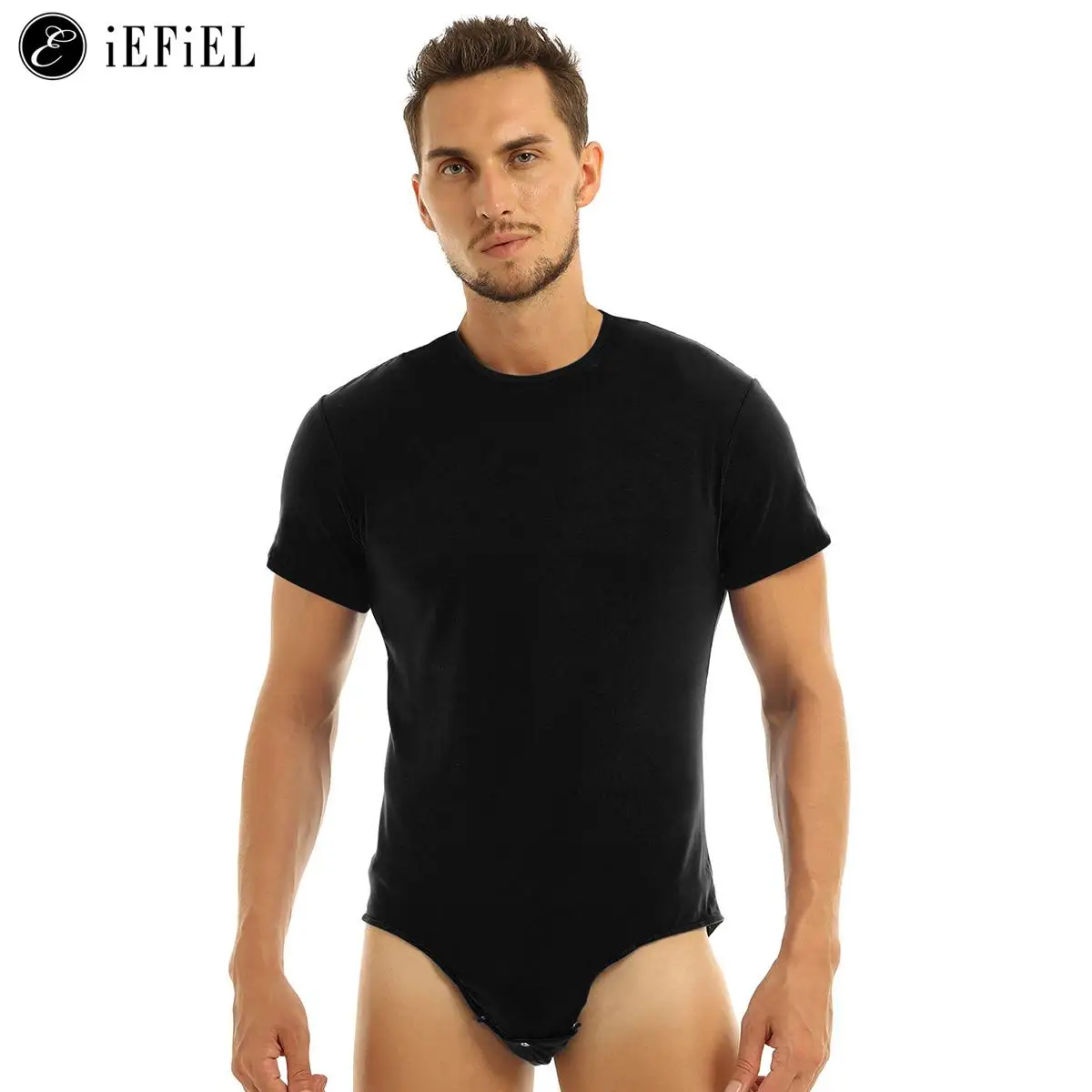 Men Short Sleeve Leotard Top One Piece Press Button Crotch Shirt Bodysuit Romper Snappies Pajamas Undershirt