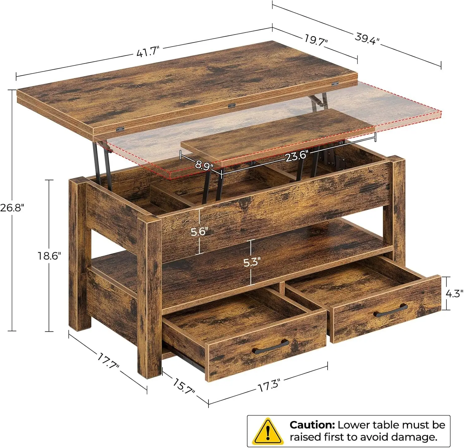 Coffee Table Lift Top, Multi-Function Convertible Drawers and Hidden ,  Dining Table for Living Room, Home Office, Rustic Brown 3
