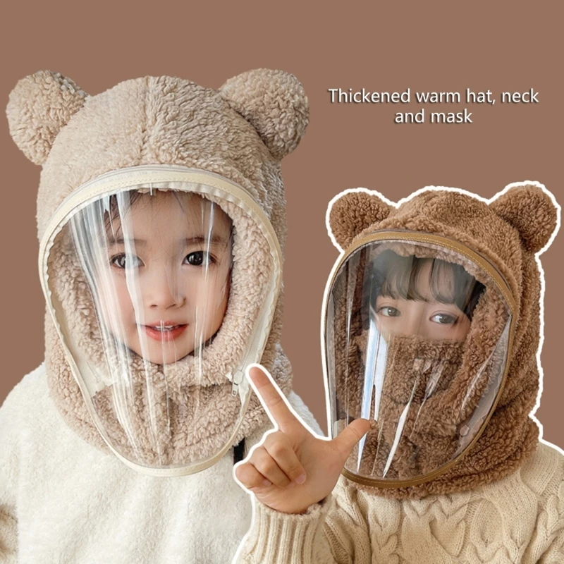 New Plush Bear Windproof Warm Children Hat with Full Face Mask Winter Head Neck Cover Baby Bonnet Outdoor Sports Beanie Cap