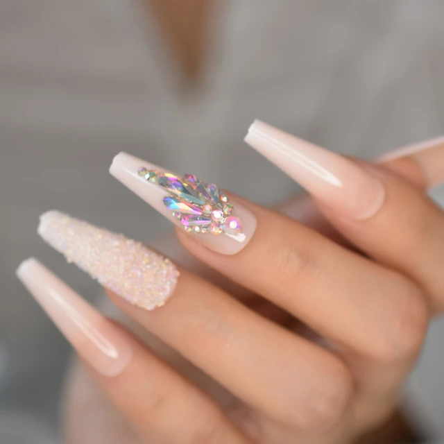 Handmade Fake Nails Moonlight White Glitter Diamonds Coffin With Designed  Acrylic Full Cover Nail Tips for Girls - AliExpress