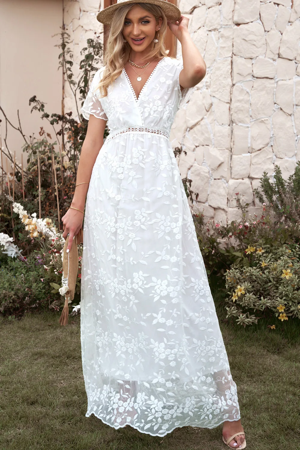 Summer Casual Lace Hook Flower Slit See-Through Holiday Lace Maxi Dress