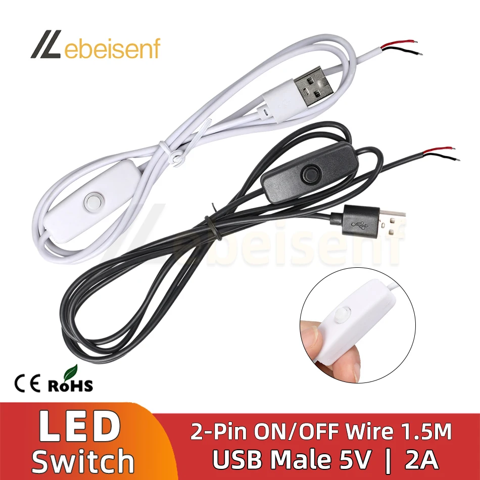 New 5V Switch Power Supply Wire 1.5M USB Male to 2 Core Connection Cable 501 Button ON OFF 2A For LED Strip Lamp Bulb Light DIY