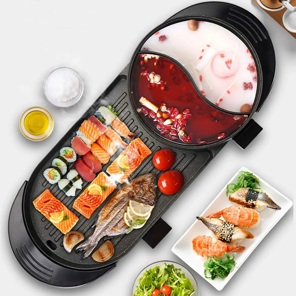 Multi-Functional Smokeless Shabu Pot & Griddle with Oil Tank and 5 Files Temp Control for 2-12 People, Dual Temperature Control 4