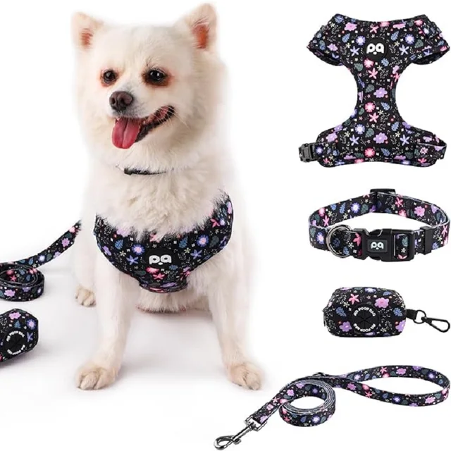 Dog harness collar leash, bracket with poo bag 4 sets, adjustable non-pull soft net cushion back heart, combination 4