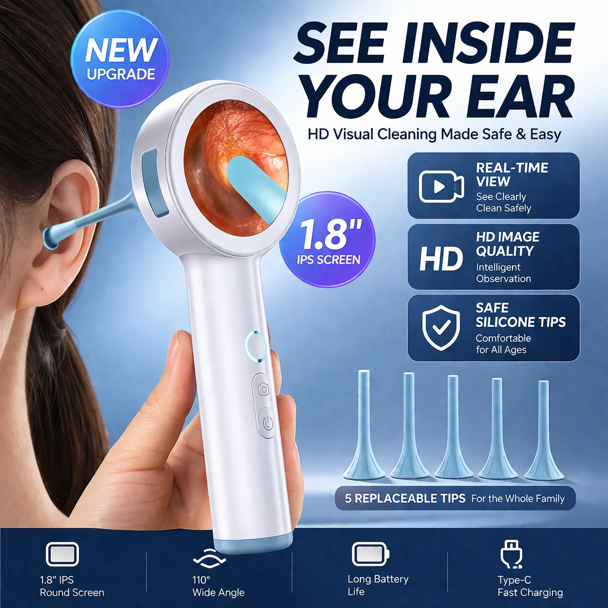 스마트 HD 귀 카메라 1.3인치 1.8인치 화면 귀 청소기 내시경 조명 포함 귀지 제거 도구 (어린이, 성인 및 애완동물용)