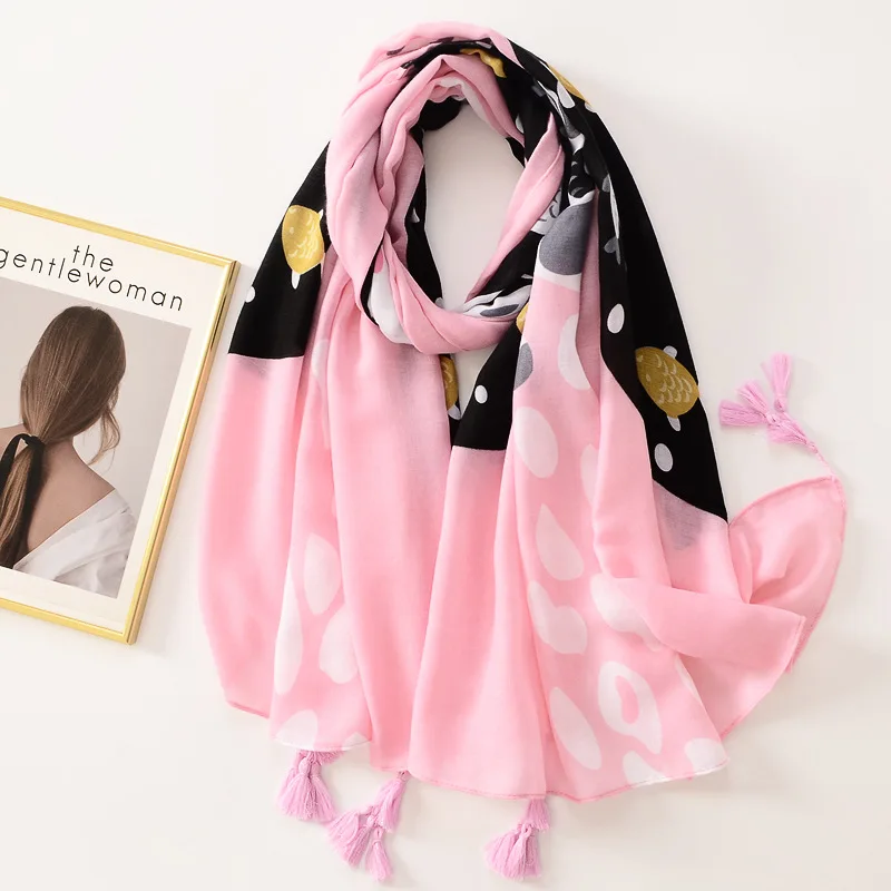 Pink Cute Cat Scarf For Women Girls Long Tassel Shawl Scarves For Ladies Travel Party Beach Towel Cotton Head Scarf Muslim Hijab janevini 2020 elegant bridal fur wrap bridal shawl faux fur wedding bolero winter warm white coat wine ladies party stoles