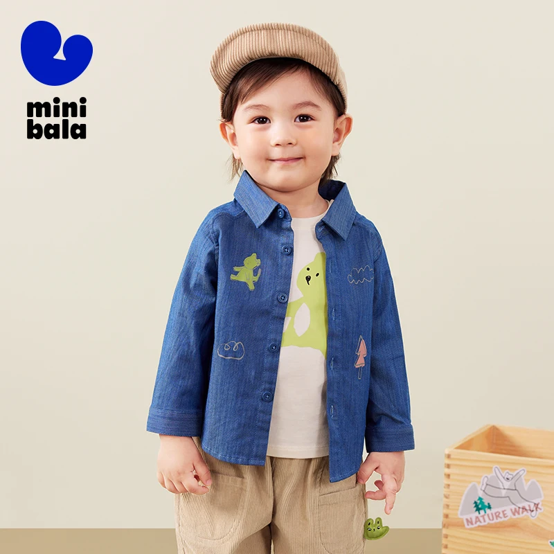 Mini Bala Boys' Loose and Fashionable Autumn New Product Skin-Friendly Long Sleeve Shirt.