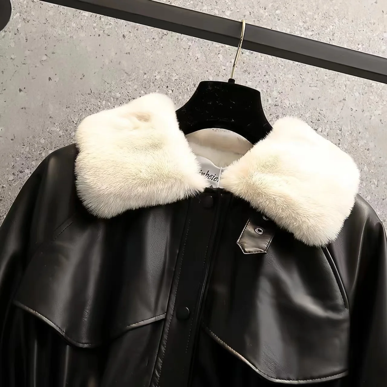 Leather Coats with Fur Collar for Women, Adjustable Waist Overcoat, Female Clothing, Long Lamb Fur Jacket, New, Autumn Winter