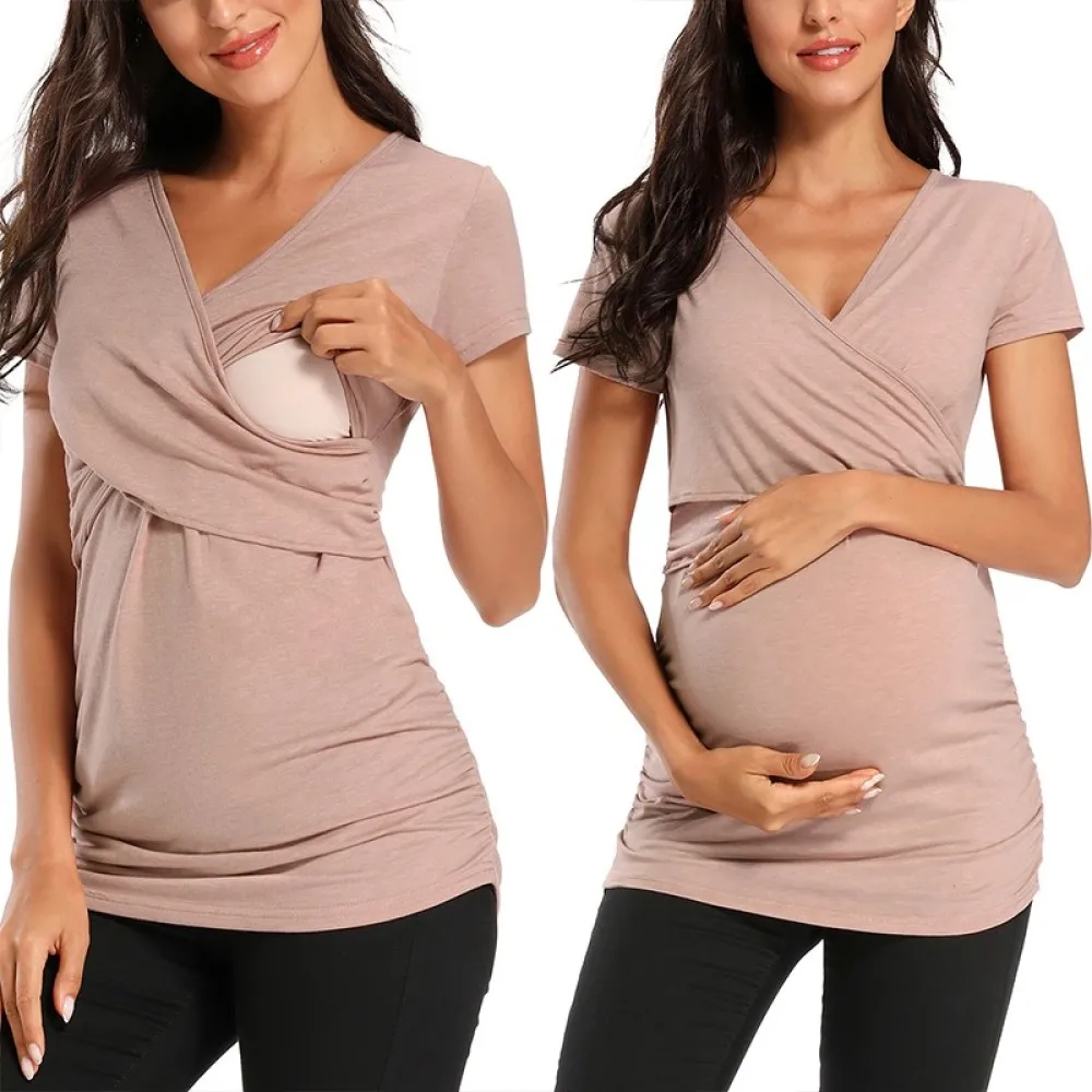 stylish maternity clothes Womens Maternity Clothes Breastfeeding Clothing Short Sleeve Pregnant Clothes Pleated Side Open Pregnancy T-Shirt  Top comfy maternity clothes