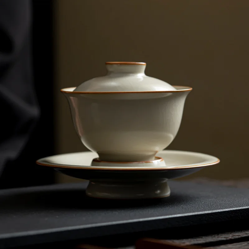 Beige Ru Kiln Three Cover Bowl Retro Open Piece Large Tea Infuser Household Ceramic Kung Fu Tea Set Bowl