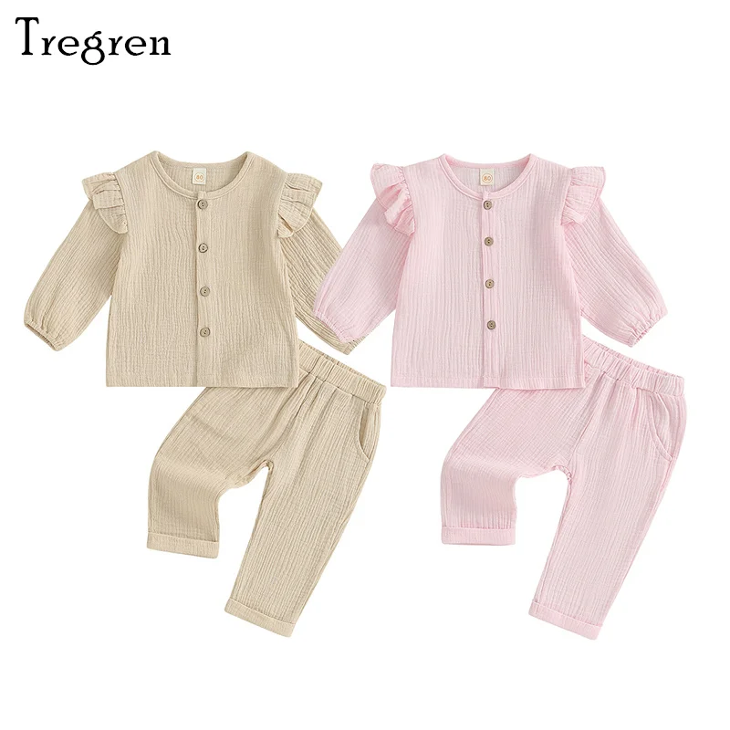 

Tregren 0-3Y Toddler Baby Girls Clothes Cotton Linen Long Sleeve Button Down Tops + Pants 2pcs Set Infant Autumn Outfits
