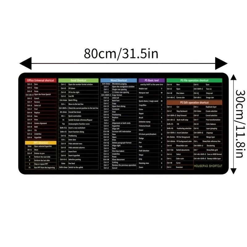1pc 컴퓨터 기능 단축키 마우스 패드, 미끄럼 방지 마우스 패드, 대형 두꺼운 키보드 테이블 매트, 30*80*2cm/11.8*31.5*0.78in