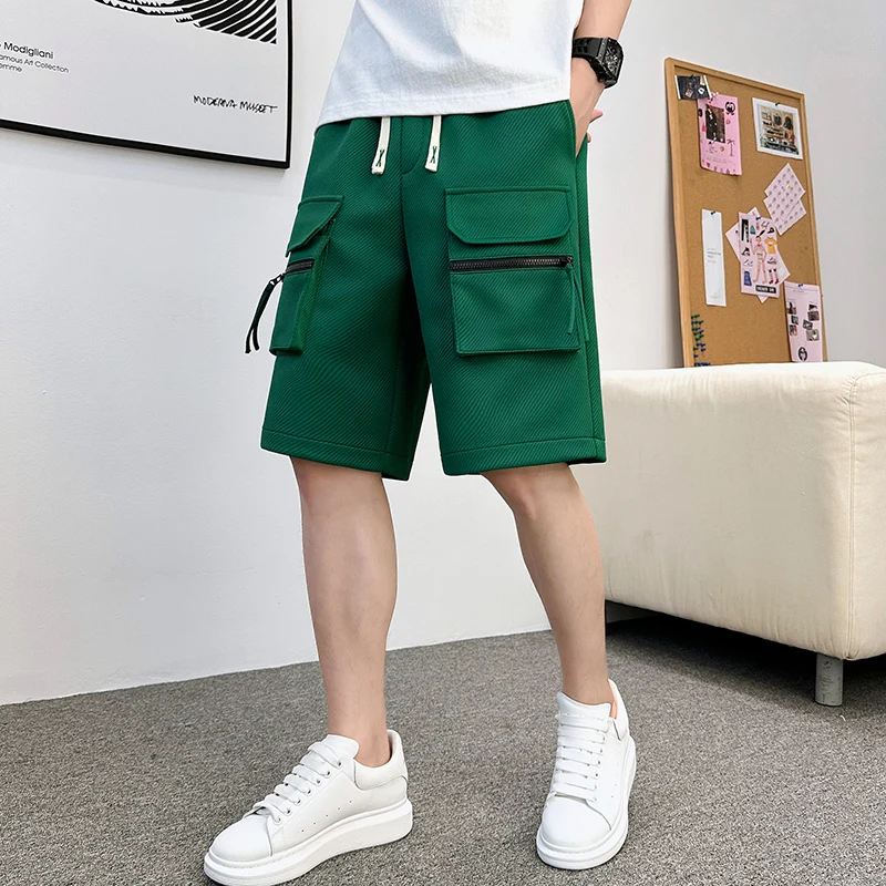 New 2024 Men's Summer Casual Shorts Streetwear Solid Elastic Waist Knee-Length Pant Sports Outdoor Loose Drawstring Short Jooger