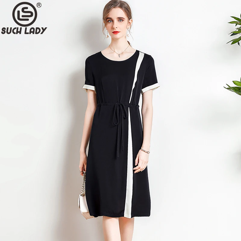 

Женское платье из 92.3% тяжелого шелка и 7.7% спандекса, элегантное модное платье с круглым вырезом и короткими рукавами, со шнуровкой и цветными вставками для подиума