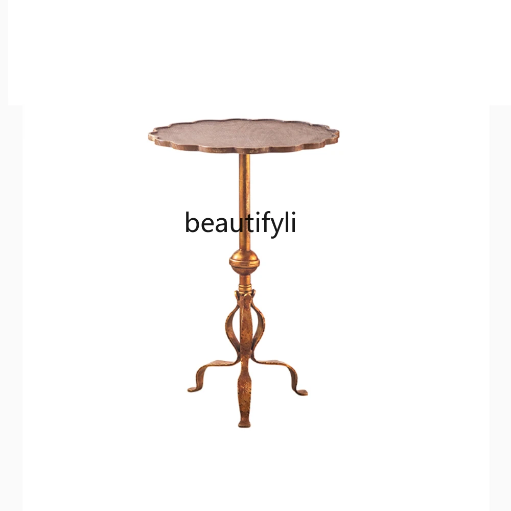 

American Retro Side Table Living Room Sofa Solid Wood Iron Small round Table Distressed High Sense