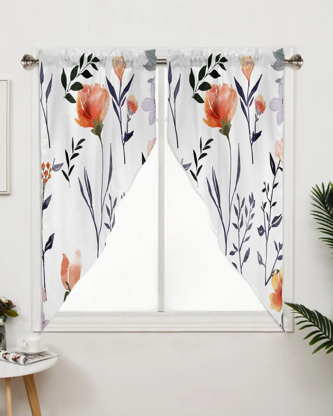 

Иллюстрация растений и цветов акварелью, оранжевая треугольная занавеска, украшение для дома, оконные процедуры для кухни, гостиной