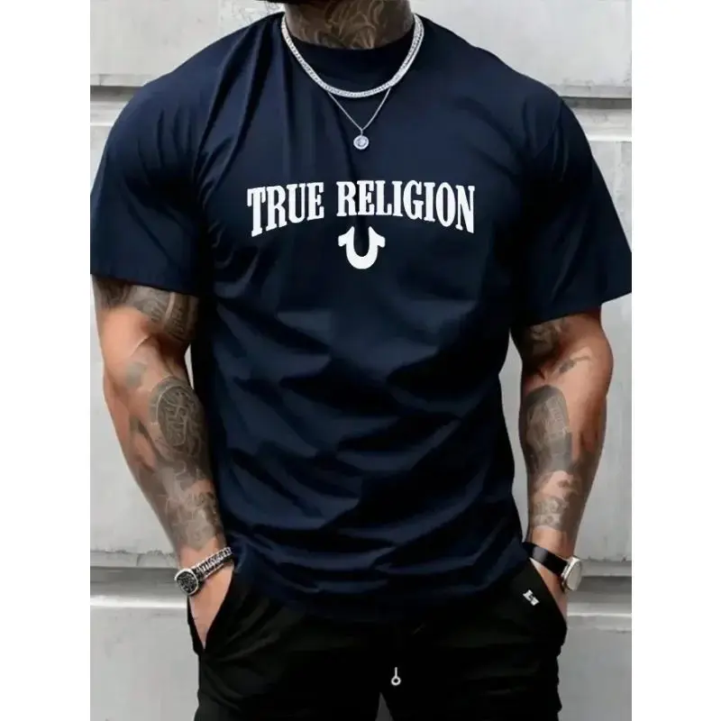 2025 New TRUE RELIGION Letter Fun Printed Cotton Men's T-shirt Fashion Loose Casual Daily Trend Large Round Neck Street T-shirt 3