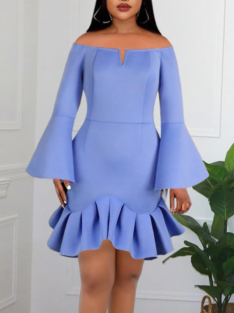 Cute Women Short Dresses Party Prom Bare Shoulder Long Sleeve Flare