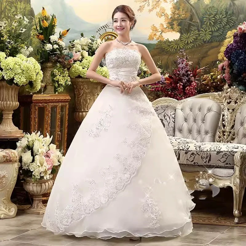 

It's Yiiya Wedding Dress White Strapless Embroidery Lace up Princess Floor-length Bride Ball Gown Plus size XN011