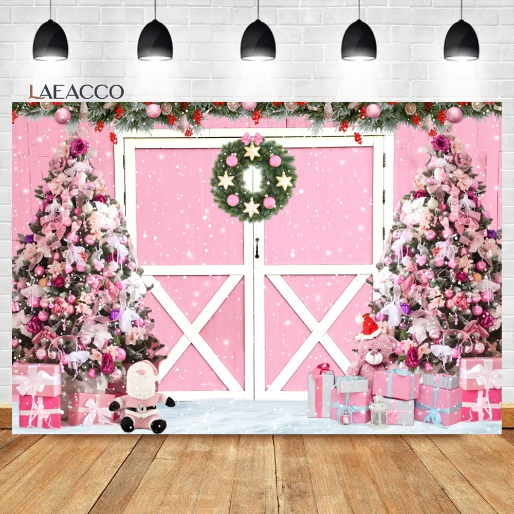 

Laeacco Christmas Pink Rustic Wood Door Photography Backdrop Winter Xmas Pine Tree Gifts Kid Newborn Birhday Portrait Background