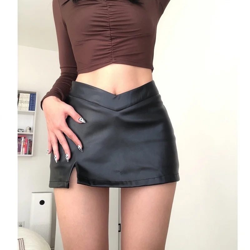 

【Spot goods】Fashion Retro High Waist Split Leather Skirt Women's Sexy A-Line Mini Skirt