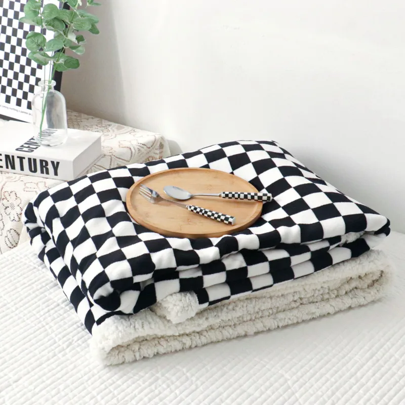 Ins Checkerboard Lambswool Blanket Double Thickened Sofa Leisure Blanket Home Room Dormitory Cover Blanket Nap Shawl