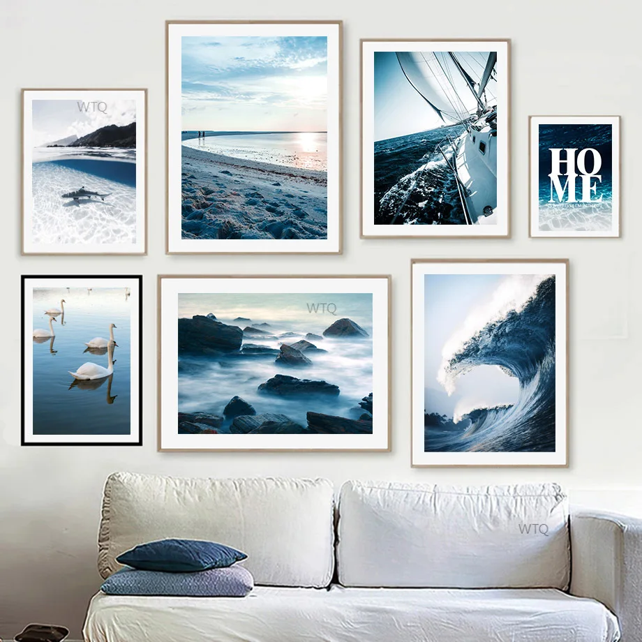 Blue Sea Beach Wave Stone Ship Swan Quote Nordic Posters And Prints Wall Art Canvas Painting Wall Pictures For Living Room Decor