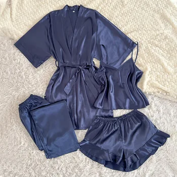 طقم بيجامات نسائية مكون من 4 قطع برقبة على شكل حرف V بلون سادة وبيجامة رسن من البوليستر طقم بيجامات نسائية 3