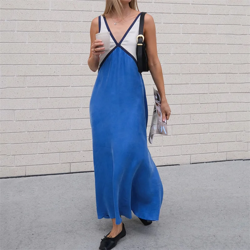 Vestido elegante de verano para mujer, con cuello en V, sin mangas, con patchwork de colores contrastantes, largo y sexy para fiesta de noche.