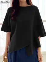 ZANZEA Women Fashion Blouse Chic 3/4 Sleeve Ruffle Hem Top Shirt 2025 Summer Round Neck Loose Blusa Elegant Irregular Work Tunic - Image 4