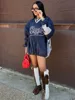 Sifreyr Street Casual Letter Print Pullover Top Contrast Color Woven Loose Mid Length Drawstring V-Neck Long Sleeve Sweatshirt 2