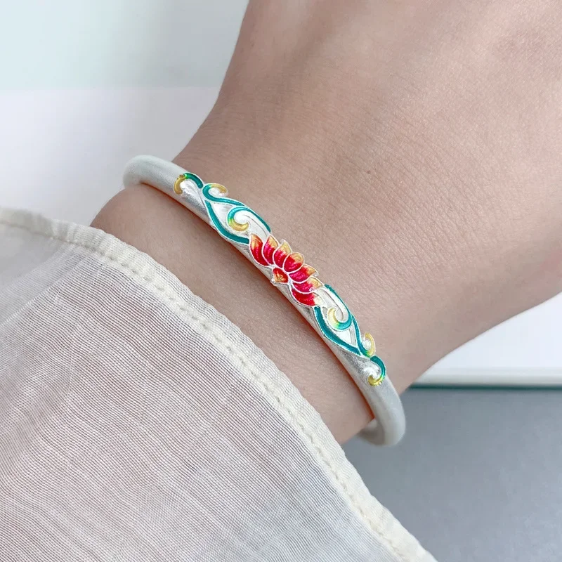 

Chinese Style Pure Silver 999 Enamel Colorful Lotus Bracelet Adjustable Ethnic Handmade Flower Bangle Jewelry For Women Girls