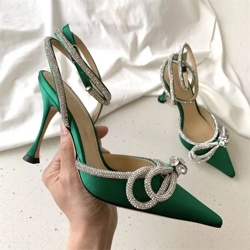Women's Sandals, European and American Spring and Summer New Fashion High Heel Pointed Diamond Big Bow Banquet Baotou Shoes