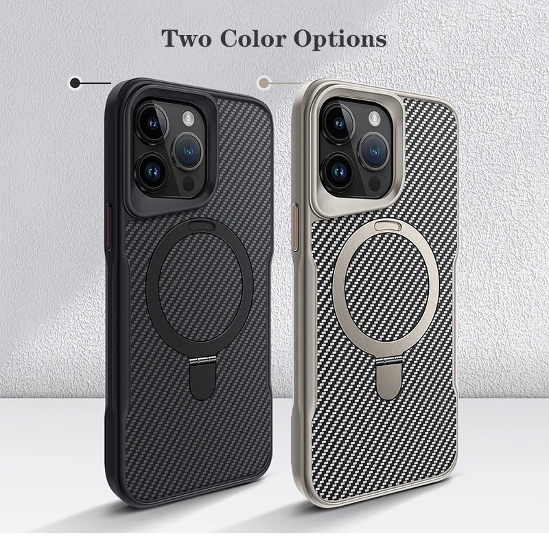 Sleek Carbon Fiber Textured Magnetic Phone Case with Soft Rubber Frame and Metal Stand