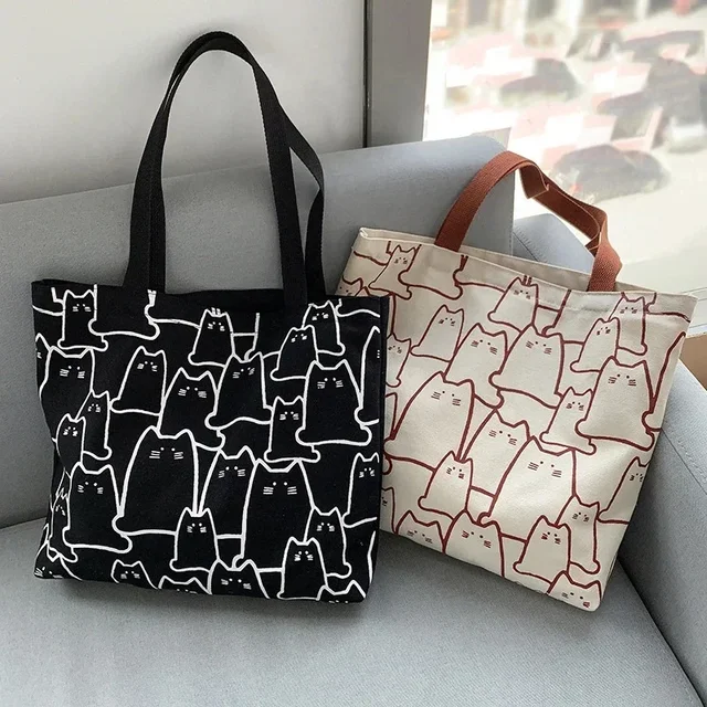Canvas Bags Handbag for Women Shopper Cute Cat Tote Bag with Zipper Designer Bag Japanese Style Cartoon Small Shoulder Bags 1