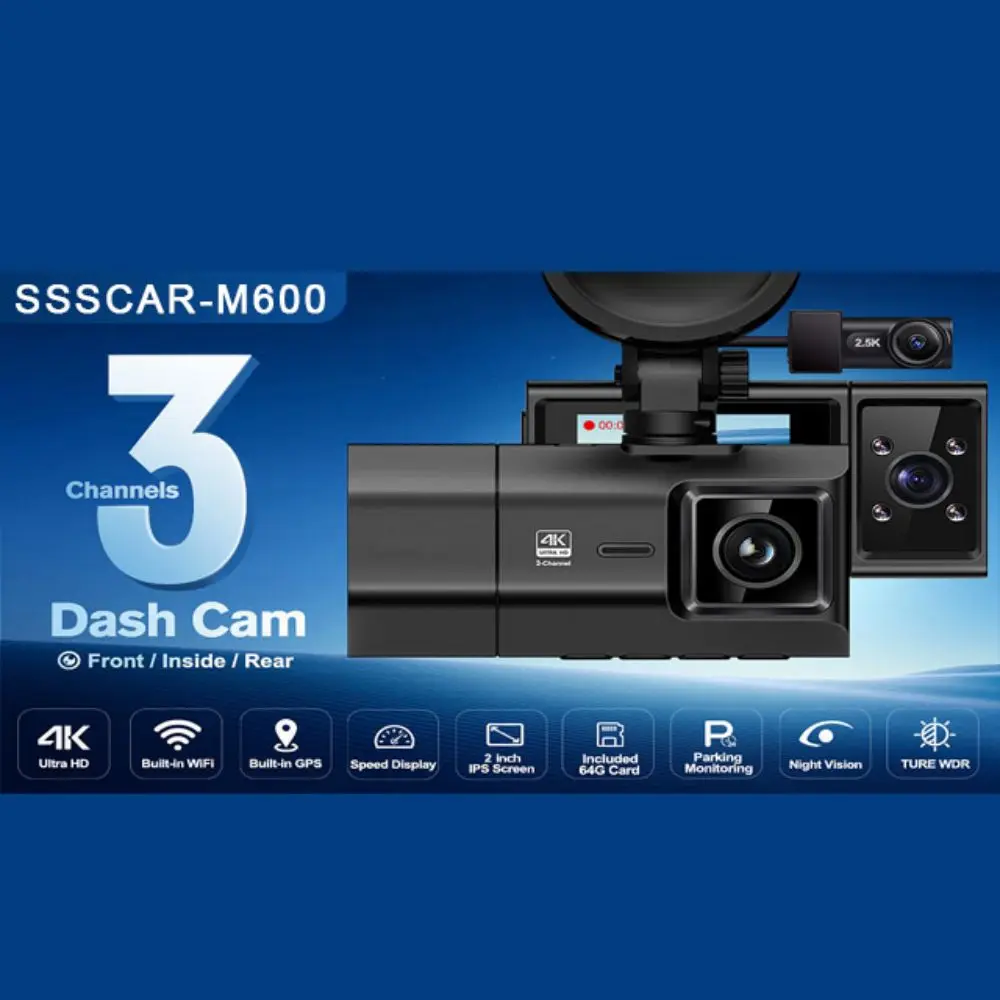 3 Channel 4K Dash Cam for Cars, 4K+2.5K Front and Rear Cabin