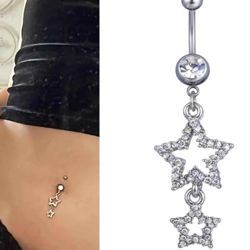 Belly Button Rings New Star Long Dangled Bar Belly Navel Piercing Shinny Crystal Charming Oreja Body Jewelry Accessories