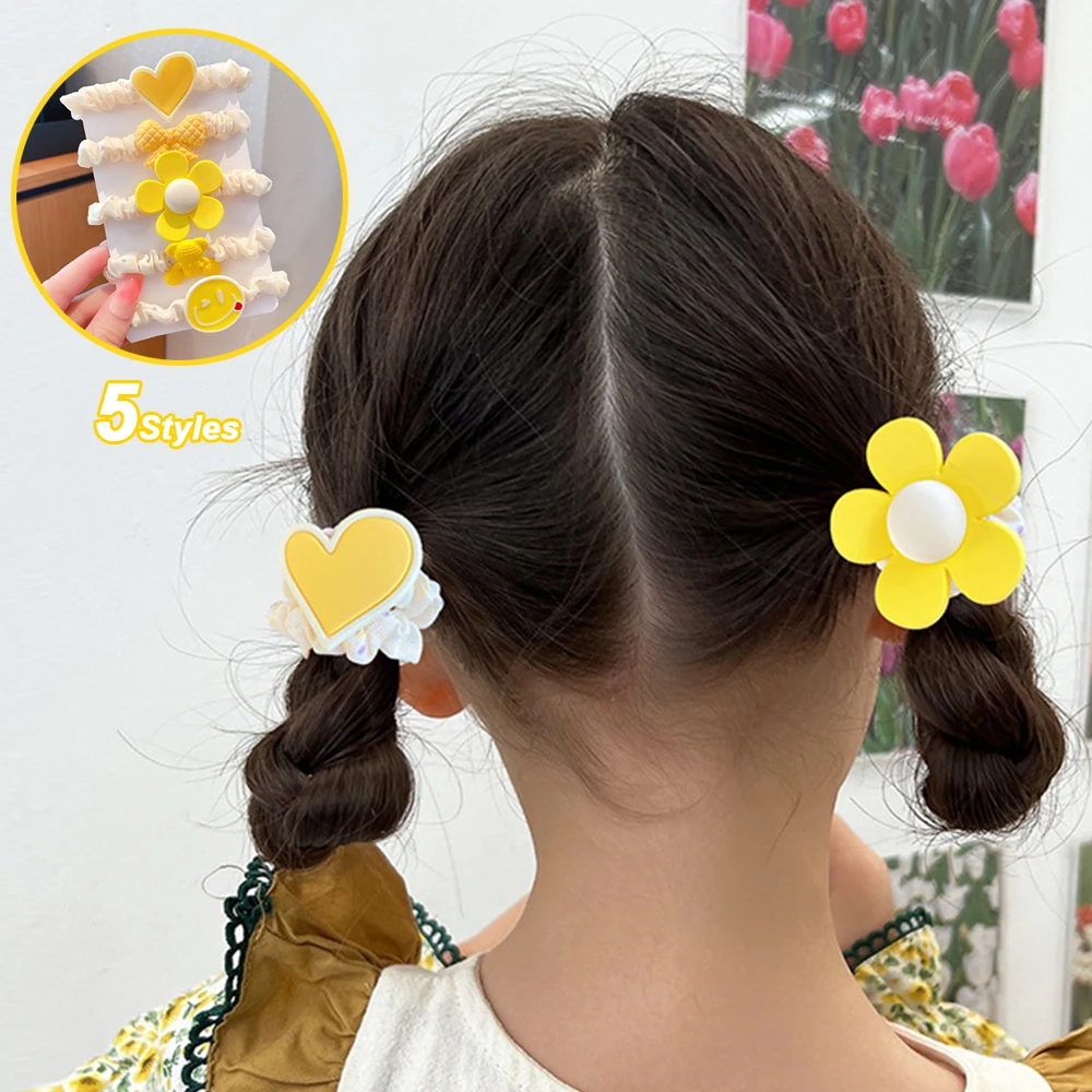5pcs/set Cute Cartoon High Elastic Rubber Band for Girls Colourful Ponytail Holder Hair Rope Hair Accessories No Hurt Hair