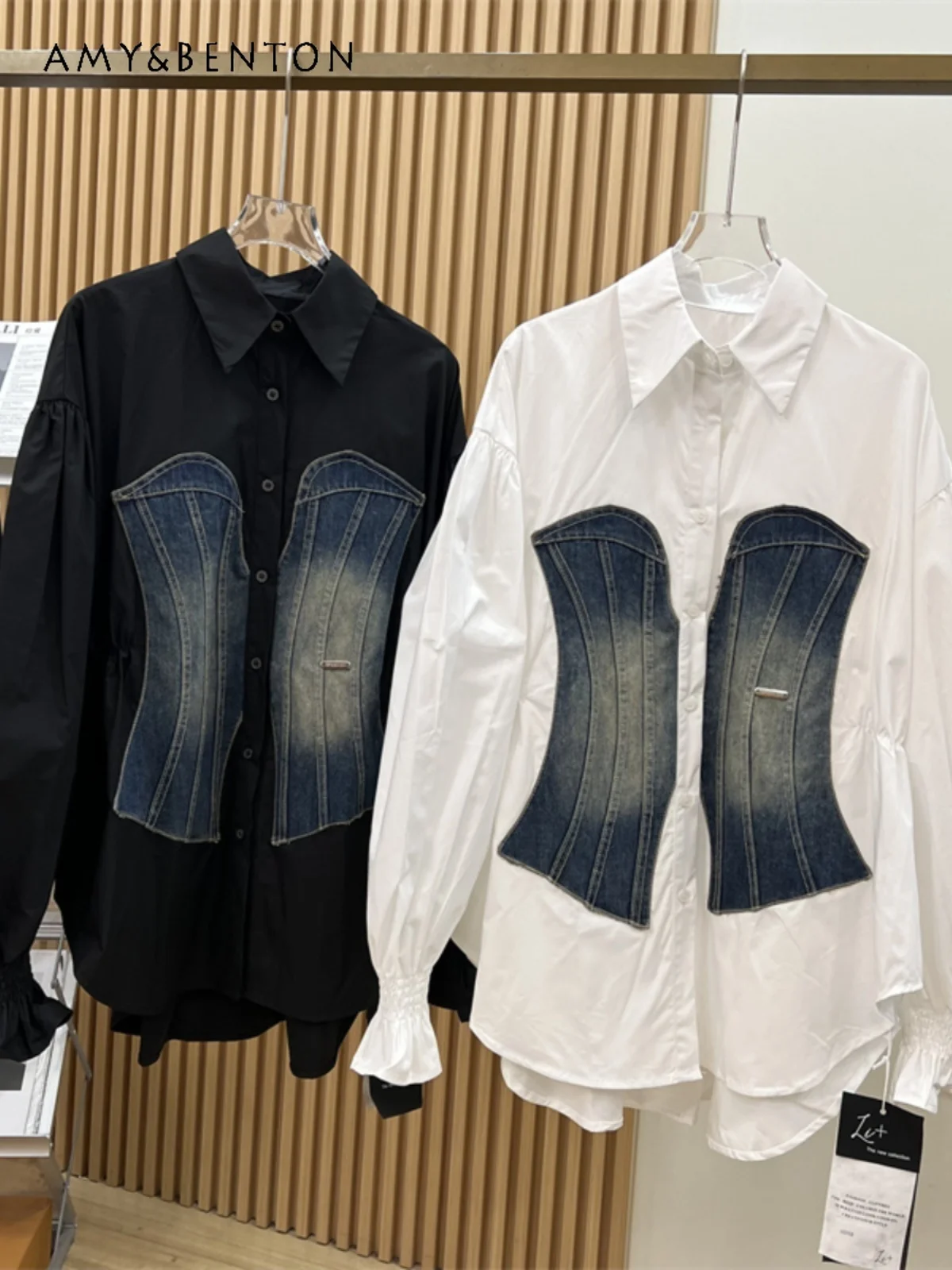 Korean Style Fashionable Denim Stitching Blouse Women European Station Spring New High-Grade Lapel Oversized Elastic Waist Shirt