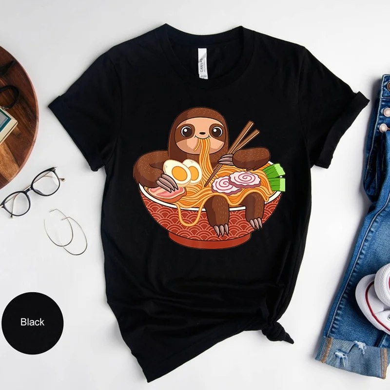 

Футболка с принтом Ленивец и рамен для мужчин и женщин, повседневный топ с коротким рукавом, модная уличная одежда в стиле Харадзюку, на лето