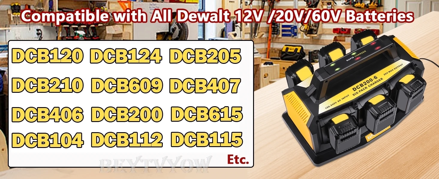 Beytvyow Super Battery Charger for Dewalt 20V Battery 6-Ports Simultaneous Rapid