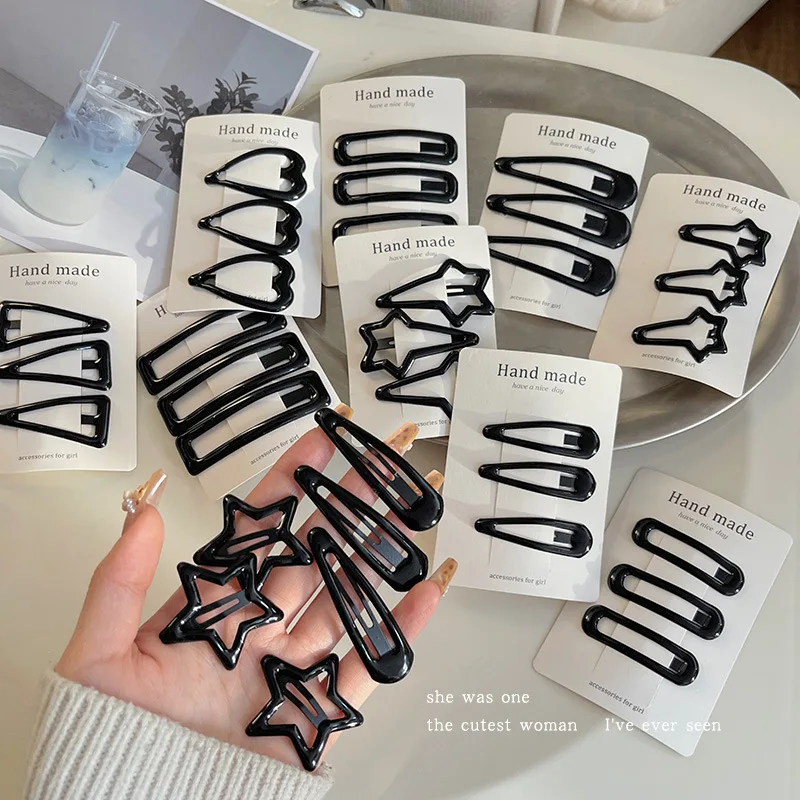 Lot de 3 pinces à cheveux noires simples pour femme, barrettes à frange, accessoires de coiffure tendance pour filles._voghion.com
