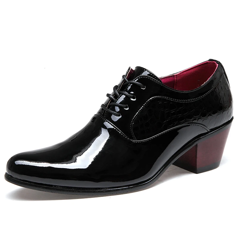 WOLF WHO Luxury Men Dress Wedding Shoes Glossy Leather 6cm High Heels Fashion Pointed Toe Heighten Oxford Shoes Party Prom X-196