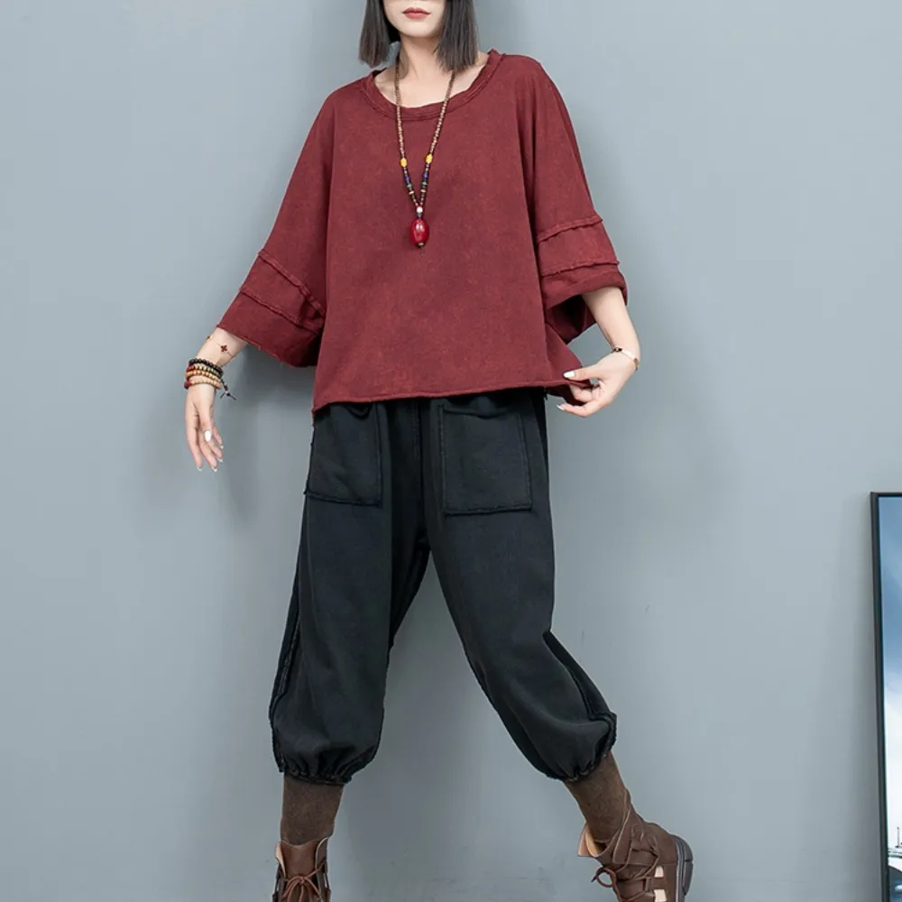 

Color Distressed Flared Sleeve Round Neck T-shirt + Small Leg Harem Pants Two-piece Set Women 2024 Spring Summer Pant Set LX931