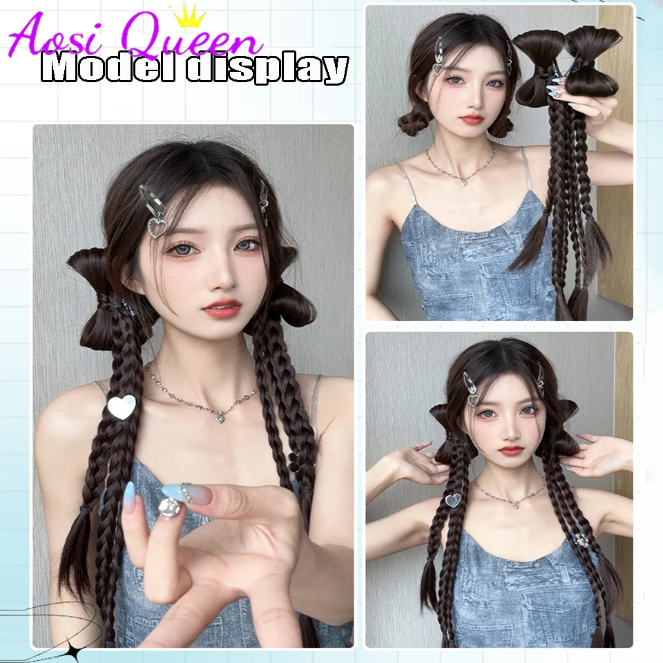 AOSI Wig Ponytail Female New Chinese Style Millennium Hot Girl Bow Y2K Twist Double Ponytail Boxing Braid Wig