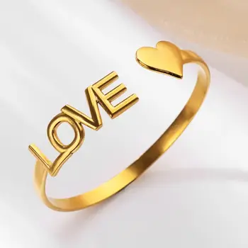 Gold Color LOVE Letter Heart Bangle for Women Stainless Steel Bangle Cuff Bracelet femme Aesthetic Fashion Waterproof Jewelry