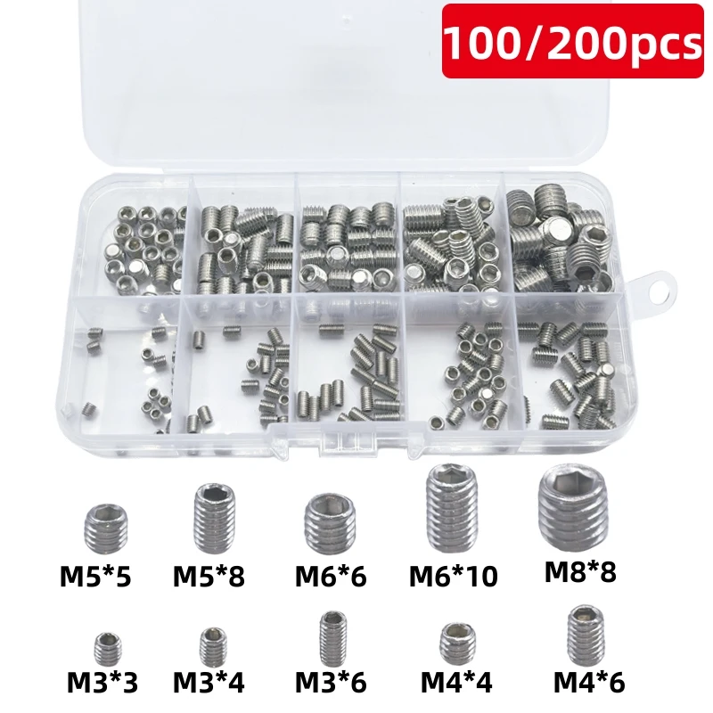 Stainless steel screws Hexagon socket head cap screw 100/200pcs 304 stainless steel hex socket socket set flat end set screw