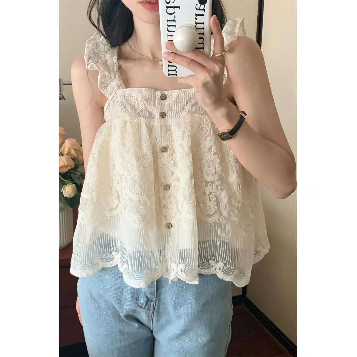 

Sweet Tank Women's Clothing Sleeveless Sling Summer Vest Loose Ruffles Fashion Camis Korean Cute Y2k Tops 2023 Ropa Mujer