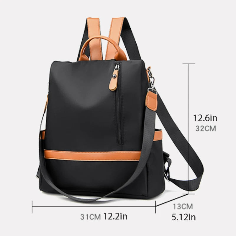 Women's fashionable black Oxford backpack, a versatile and spacious day bag suitable for travel, school or leisure outings, trav